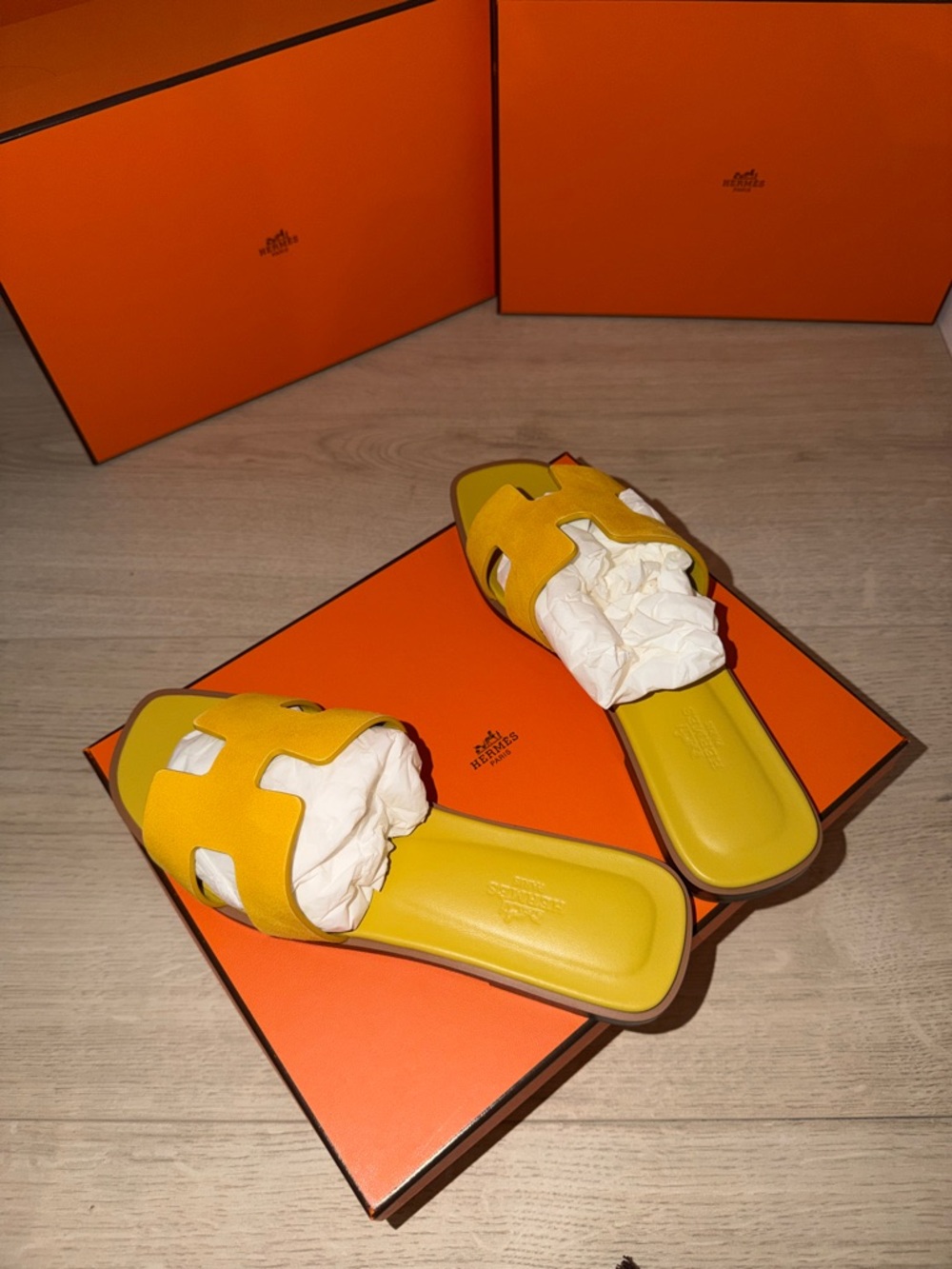 Hermès Yellow Oran Suede Slide Sandals